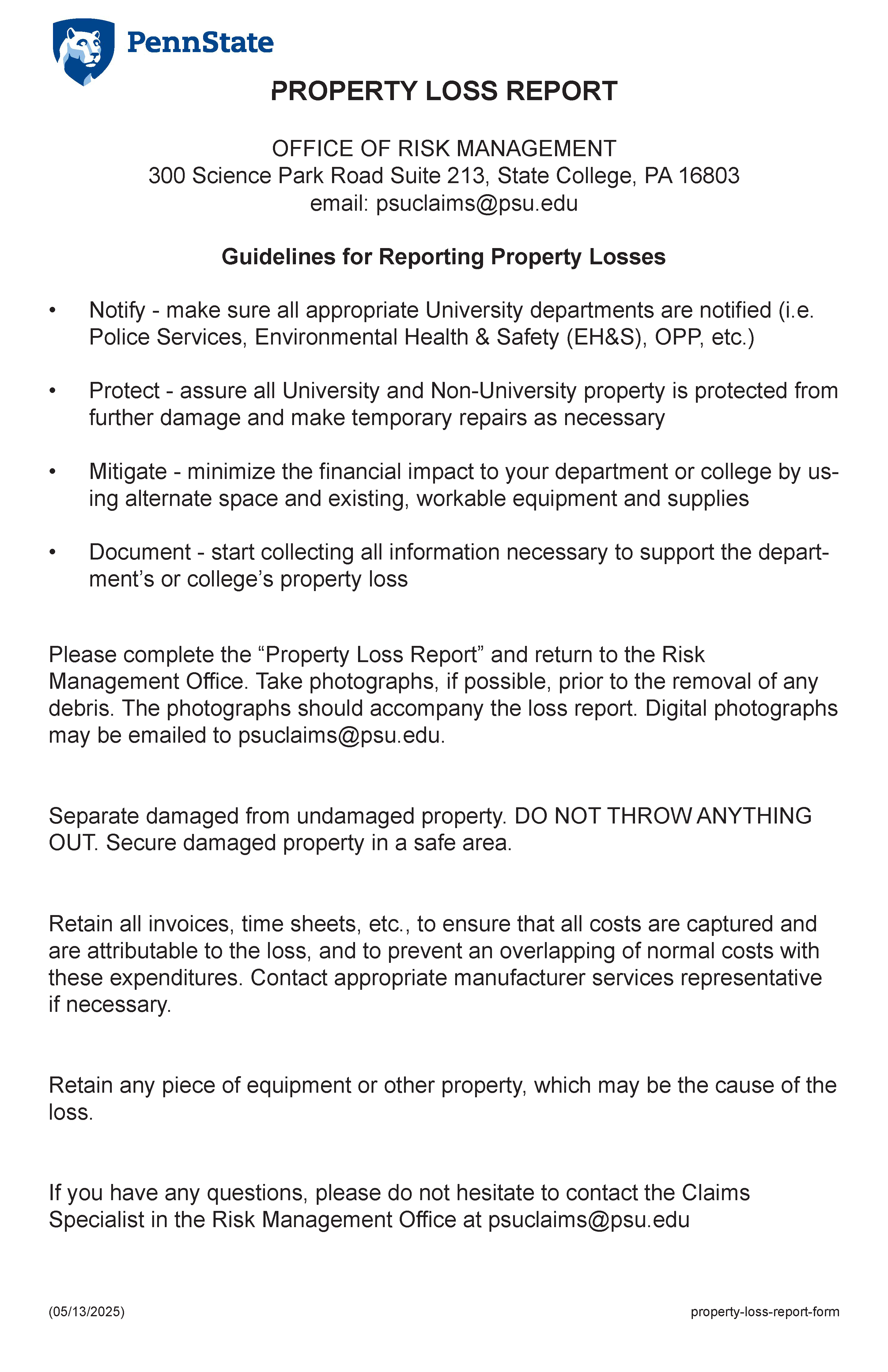 Image of Property Loss Report Exhibit Page 1